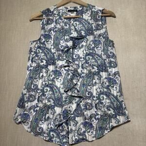 Tommy Hilfiger Sleeveless Paisley Ruffle Button Blouse Flowy Semi Sheer Sz Small